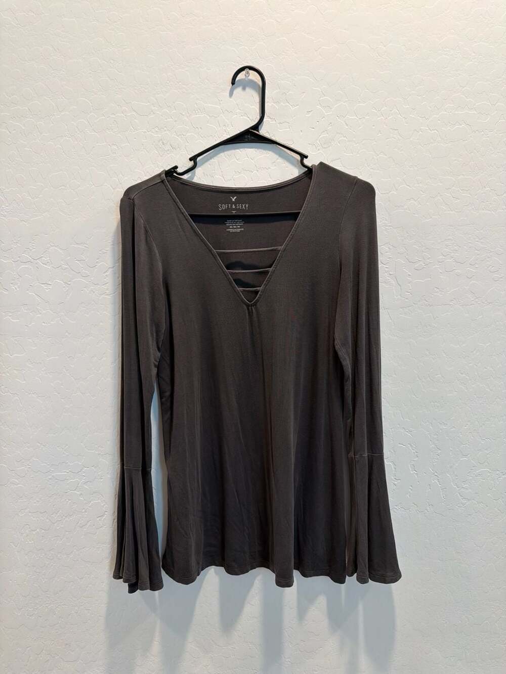 American Eagle Outfitters Long Sleeve Top with Bell Sleeves and Crisscross V-Nec